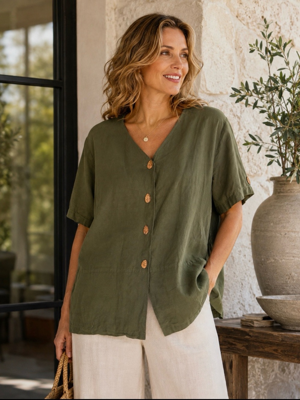 Giorgio Fiorlini Size 18 Olive Linen Blend Button Front Tunic Top